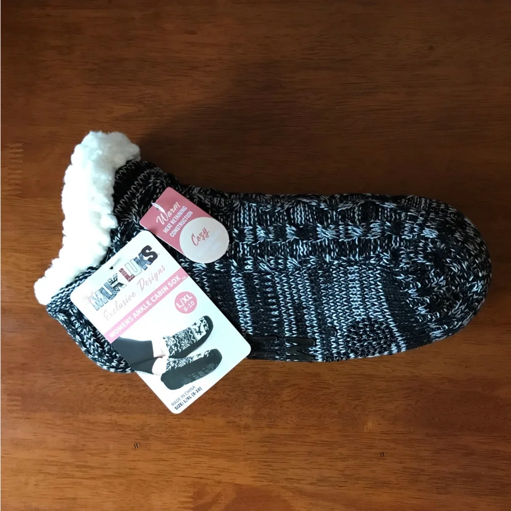 Muk Luks Ankle Cabin Sox Slipper Socks, Faux Sherpa Fur Lining Size L/XL (8-10) - Picture 2 of 4